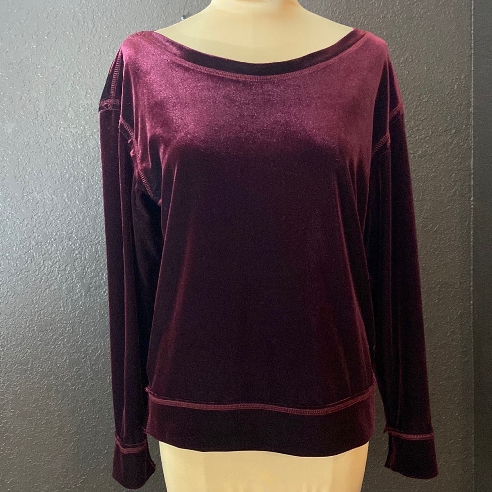 Boho Jane wine red burgundy boat neck long sleeve velvet velour sweatshirt top‎